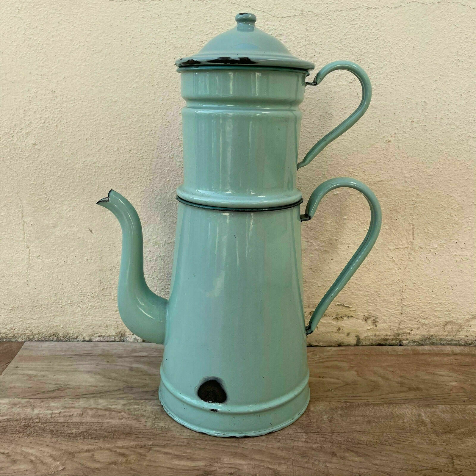 Vintage French Enamelware Coffee Pot Green 2-Tier 41cm Tall 1804212 Fleamarketfrance