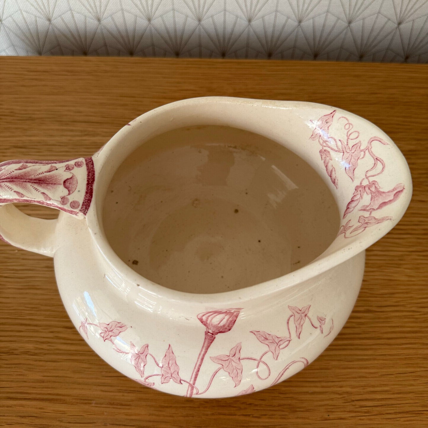 HANDMADE GLAZED WHITE PINK VINTAGE FRENCH PITCHER TERRACOTTA LONGCHAMP 0911248 - Fleamarketfrance