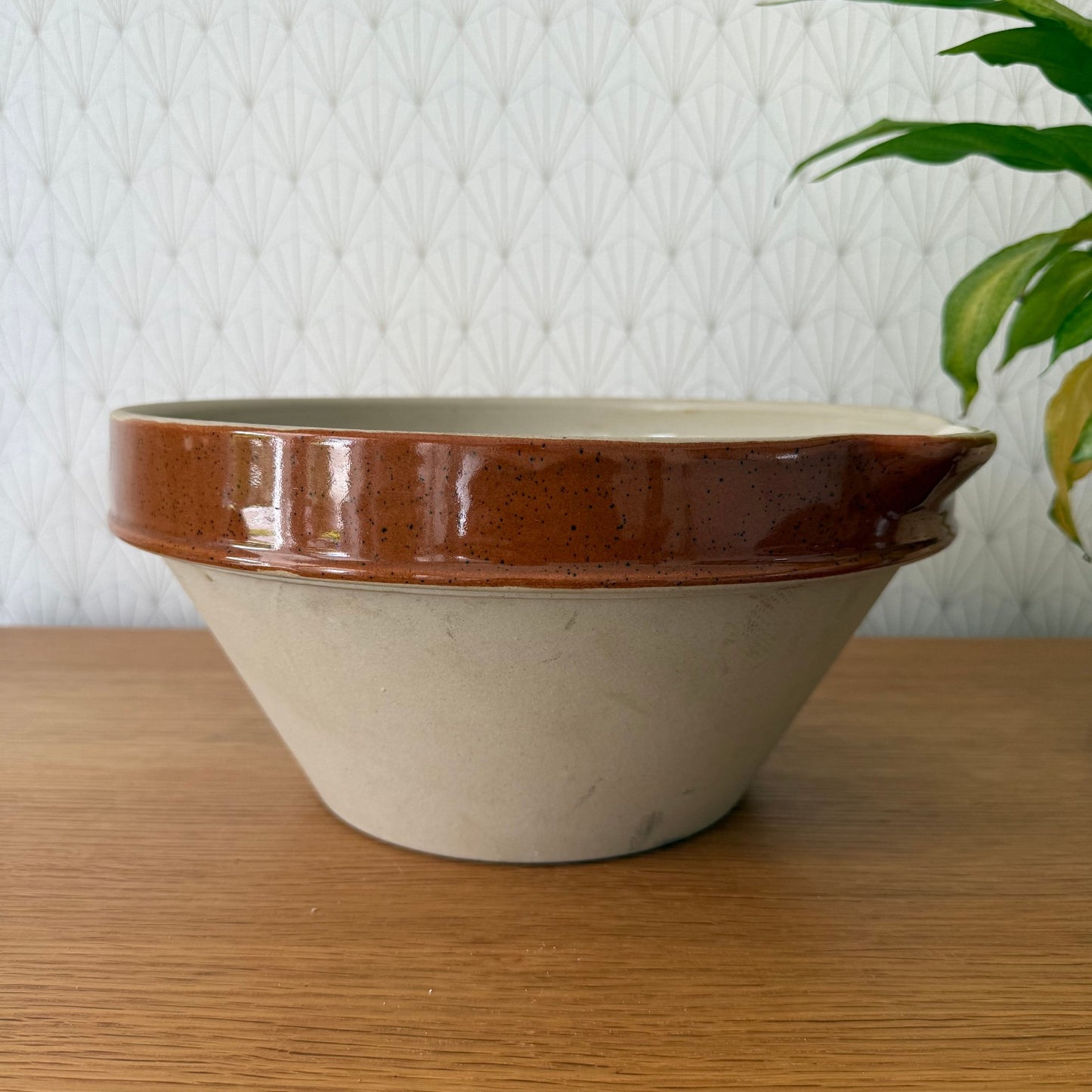 Vintage French Stoneware Mixing Bowl Digoin Brown Cream Terrine 11.75" 2507255 Digoin