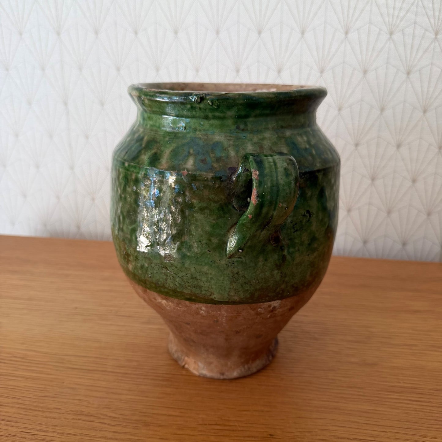 Antique French Confit Pot Green Glazed Terra Cotta 2-Handle 1908268 Unmarked