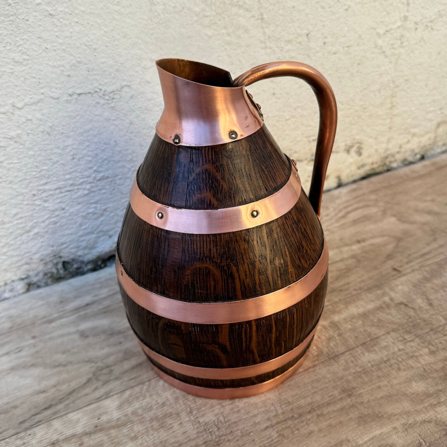 Vintage French Wooden Wine Cider Jug Pitcher Staved Wood Metal 7" 0405243 - Fleamarketfrance