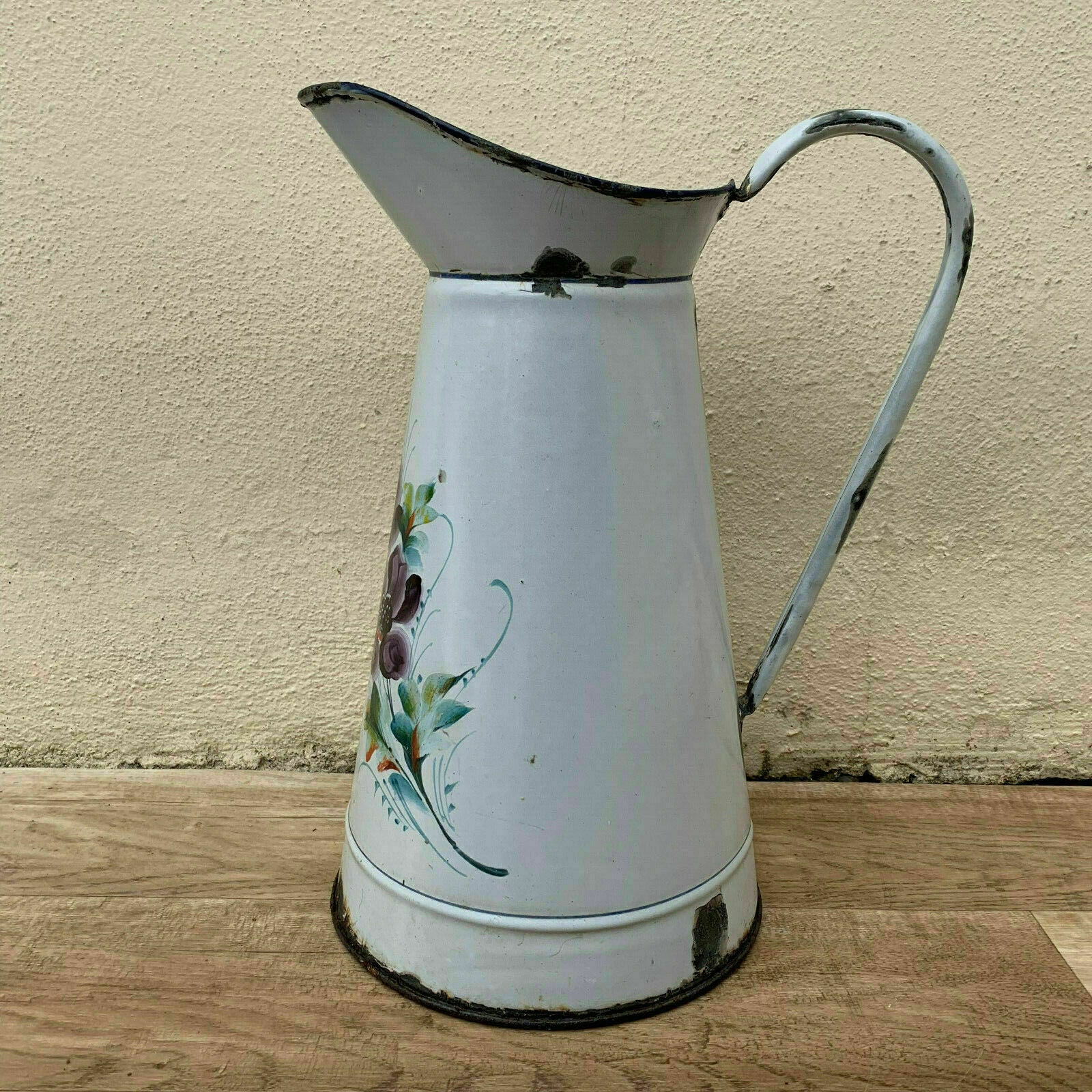 Vintage French Enamel pitcher jug water enameled white flowers 0604194 - Fleamarketfrance