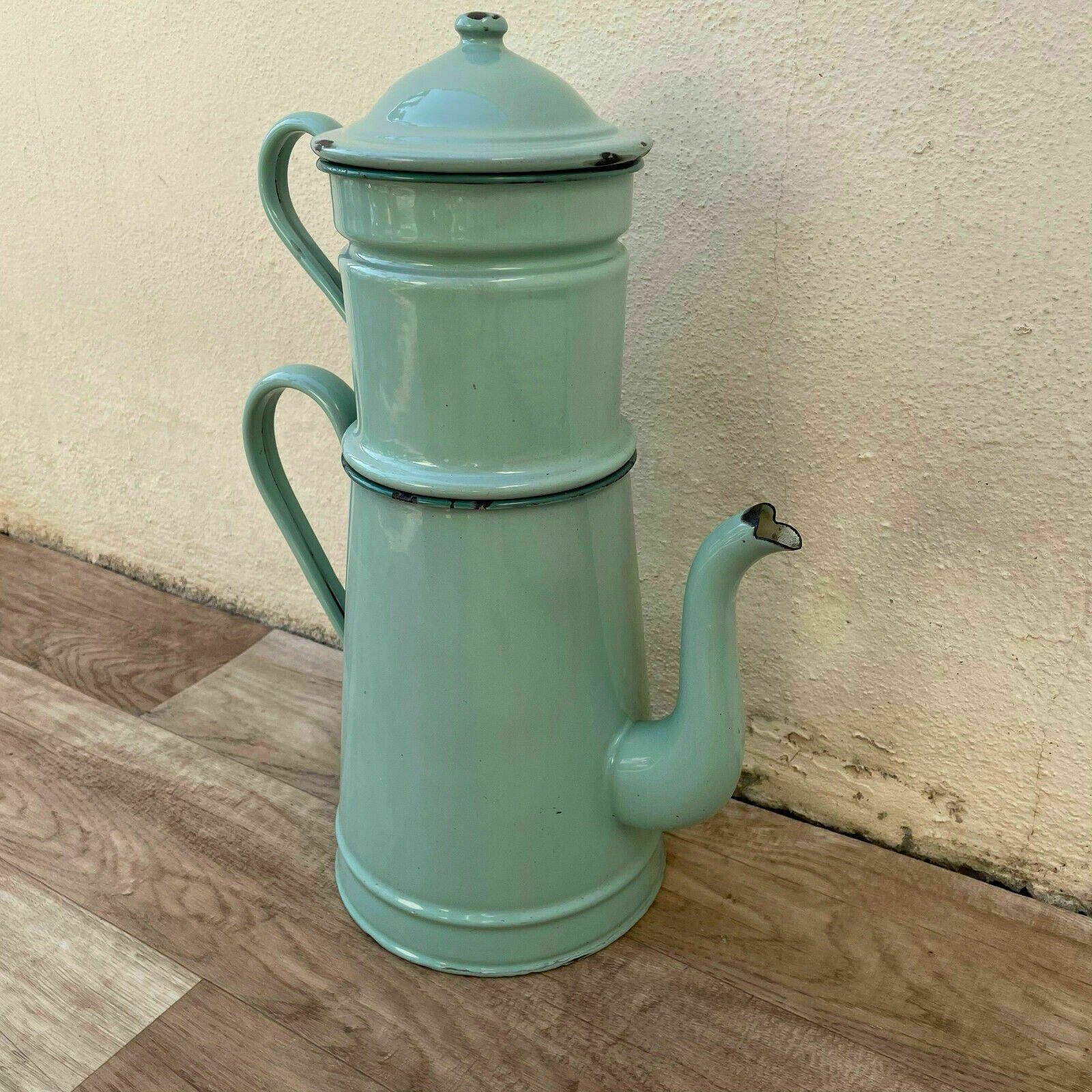 Vintage French Enamelware Coffee Pot Green 2-Tier 41cm Tall 1804212 Fleamarketfrance