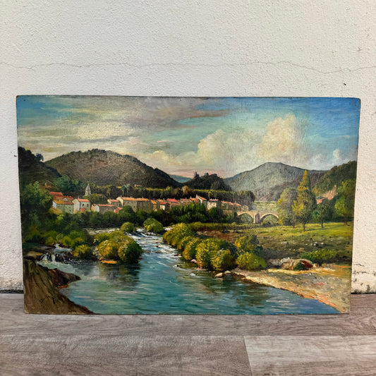 French Oil Painting Ardeche Landscape Signed Wood Panel Vintage 0706249 Fleamarketfrance