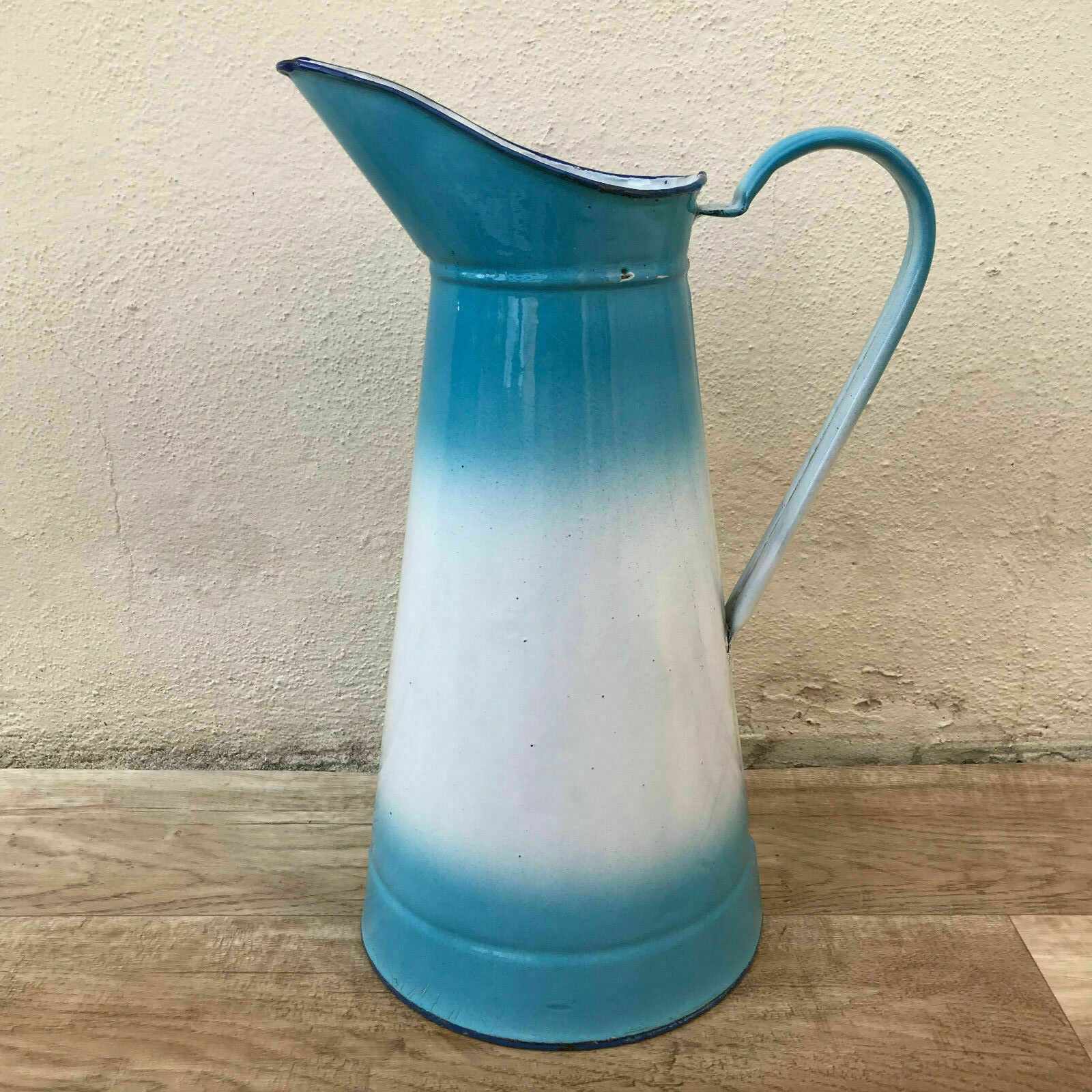 Vintage French Enamel pitcher jug water enameled blue white 0802187 - Fleamarketfrance