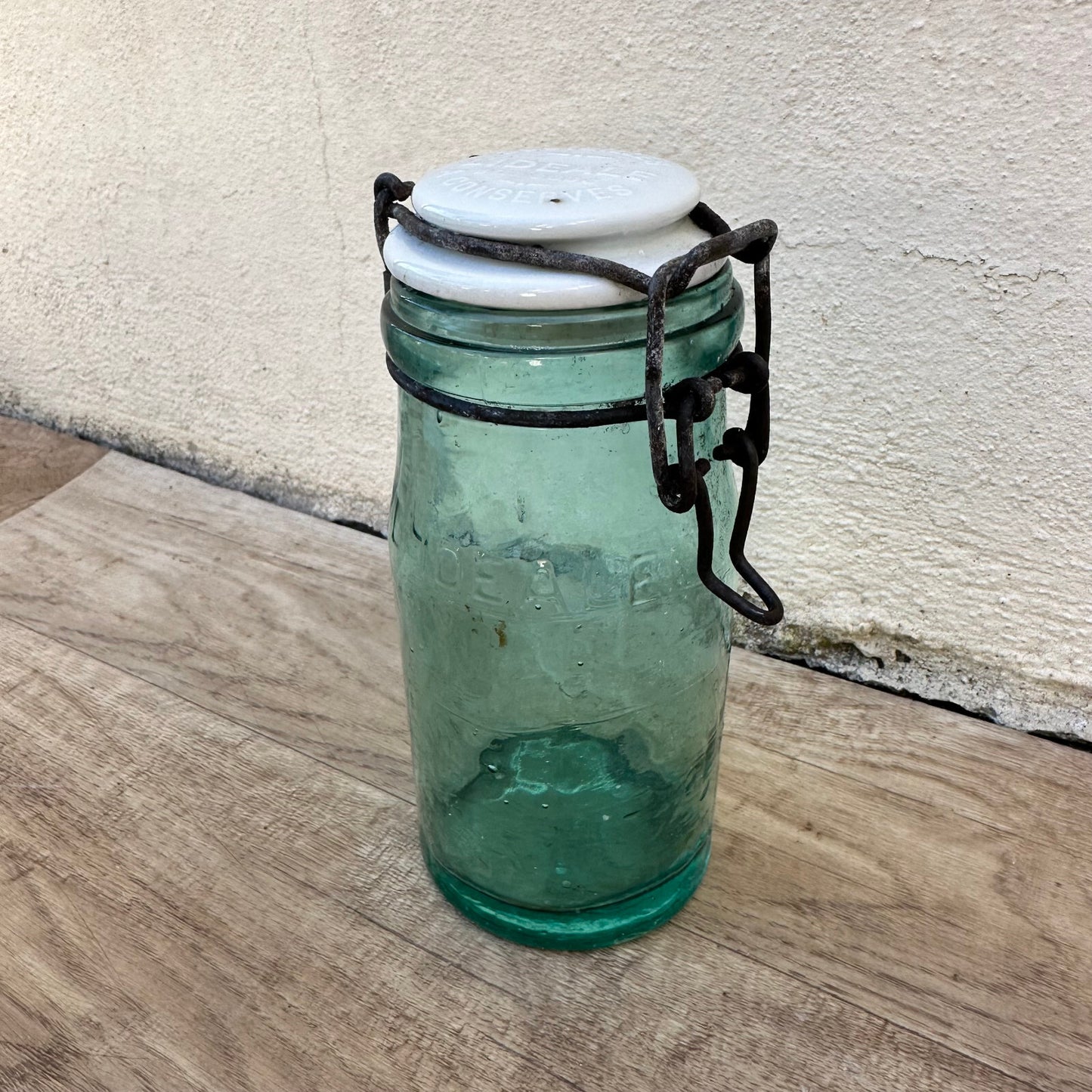 French Vintage L'Ideal Canning Jar Green Glass Porcelain Lid 7.5" 1006242 L'Ideal
