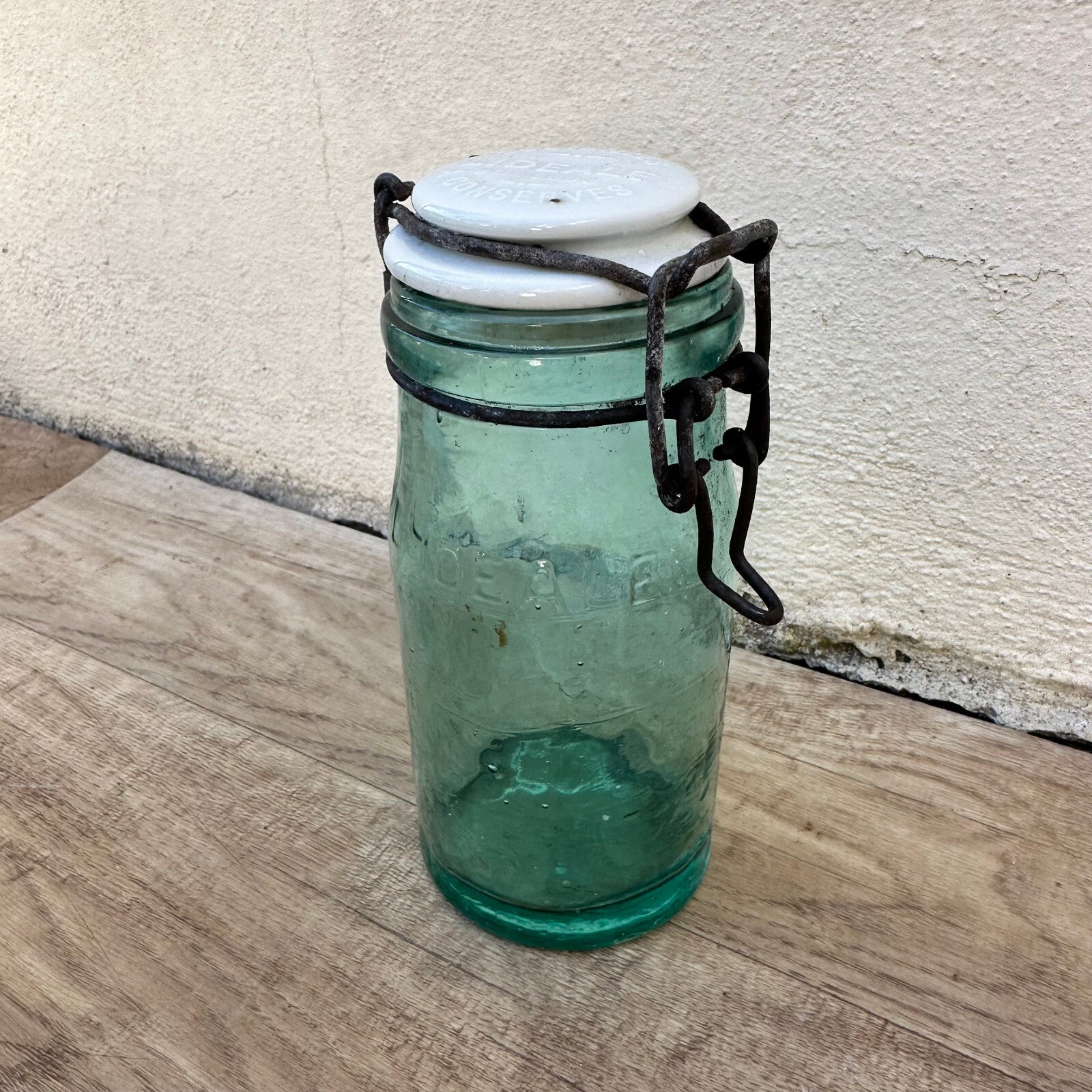 French Vintage L'Ideal Canning Jar Green Glass Porcelain Lid 7.5" 1006242 L'Ideal
