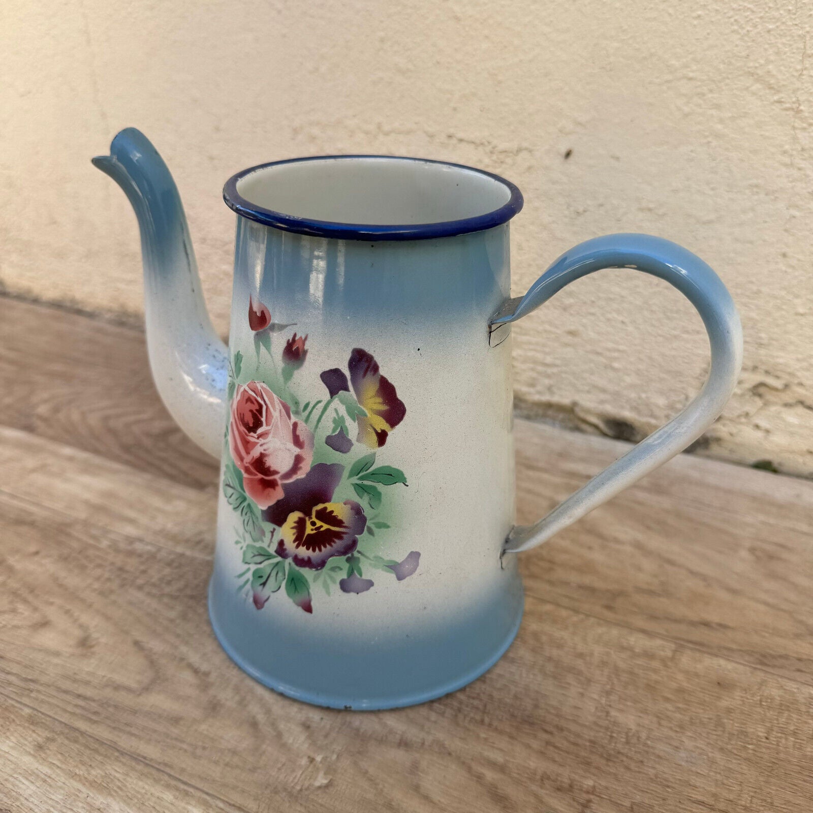 Vintage French Enamelware enameled white flowers Enamel Coffee Pot 2309243 - Fleamarketfrance