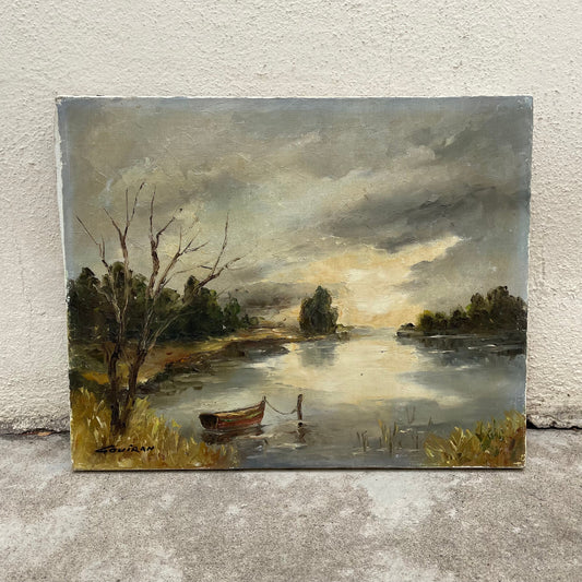 Vintage French Art Landscape Painting Campaign Lake Boat 1703252