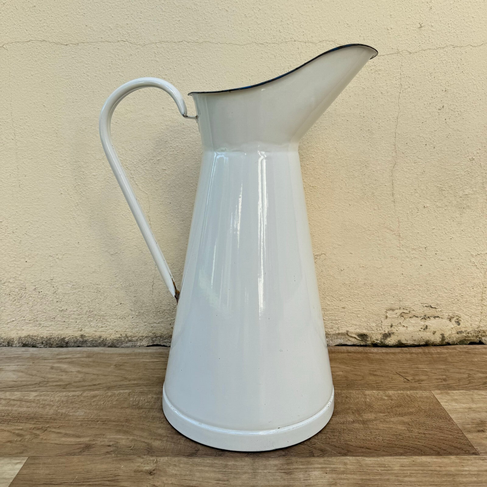 Vintage French Enamel Pitcher White Blue Trim Water Jug Farmhouse 1906249 Fleamarketfrance