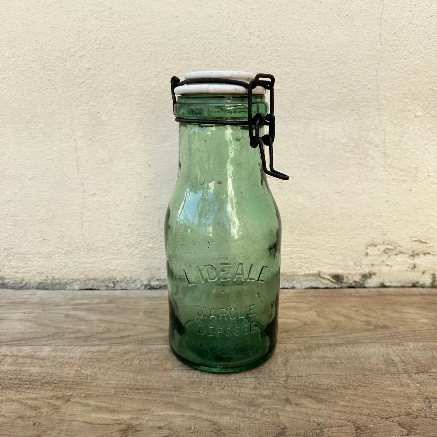 French L'Ideal Canning Jar Green Glass Porcelain Lid Vintage 10" 2206232 Fleamarketfrance