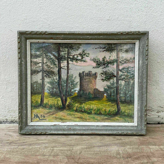 VINTAGE FRENCH ART WATERCOLOR LANDSCAPE PAINTING CASTLE TOWER 15022120 - Fleamarketfrance