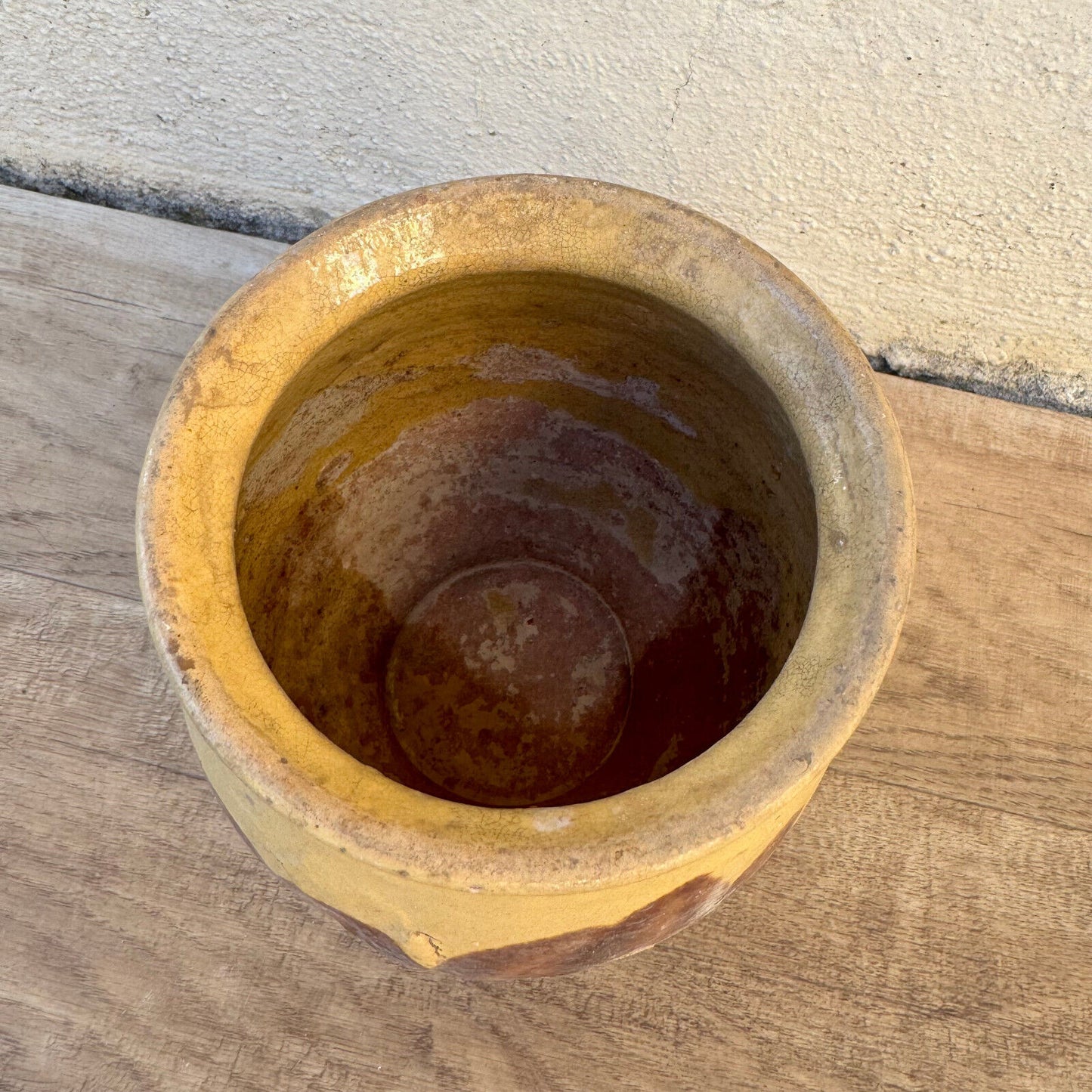 HANDMADE GLAZED BROWN YELLOW ANTIQUE FRENCH HONEY POT TERRACOTTA 1202257 - Fleamarketfrance