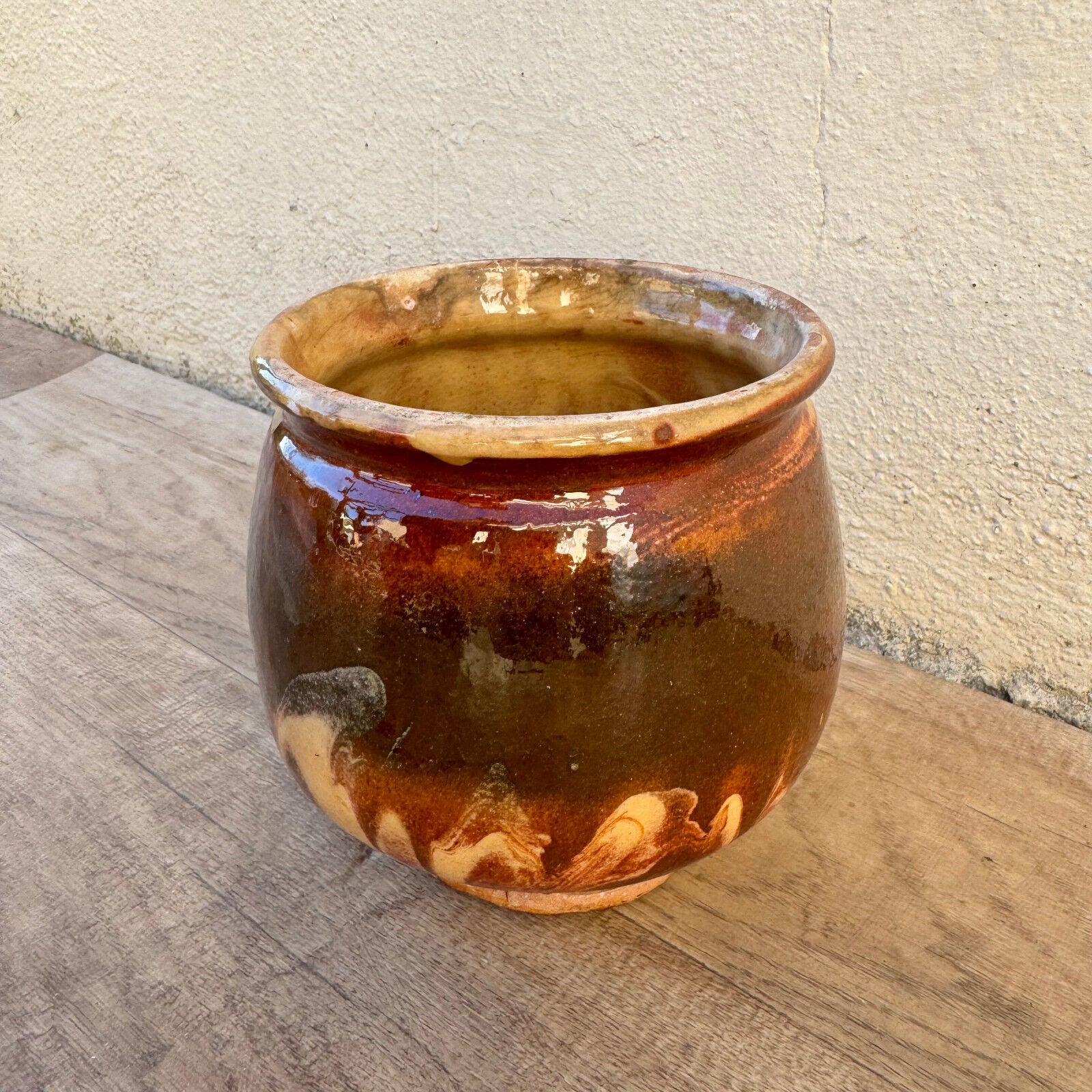 HANDMADE GLAZED BROWN YELLOW ANTIQUE FRENCH HONEY POT TERRACOTTA 1202254 - Fleamarketfrance