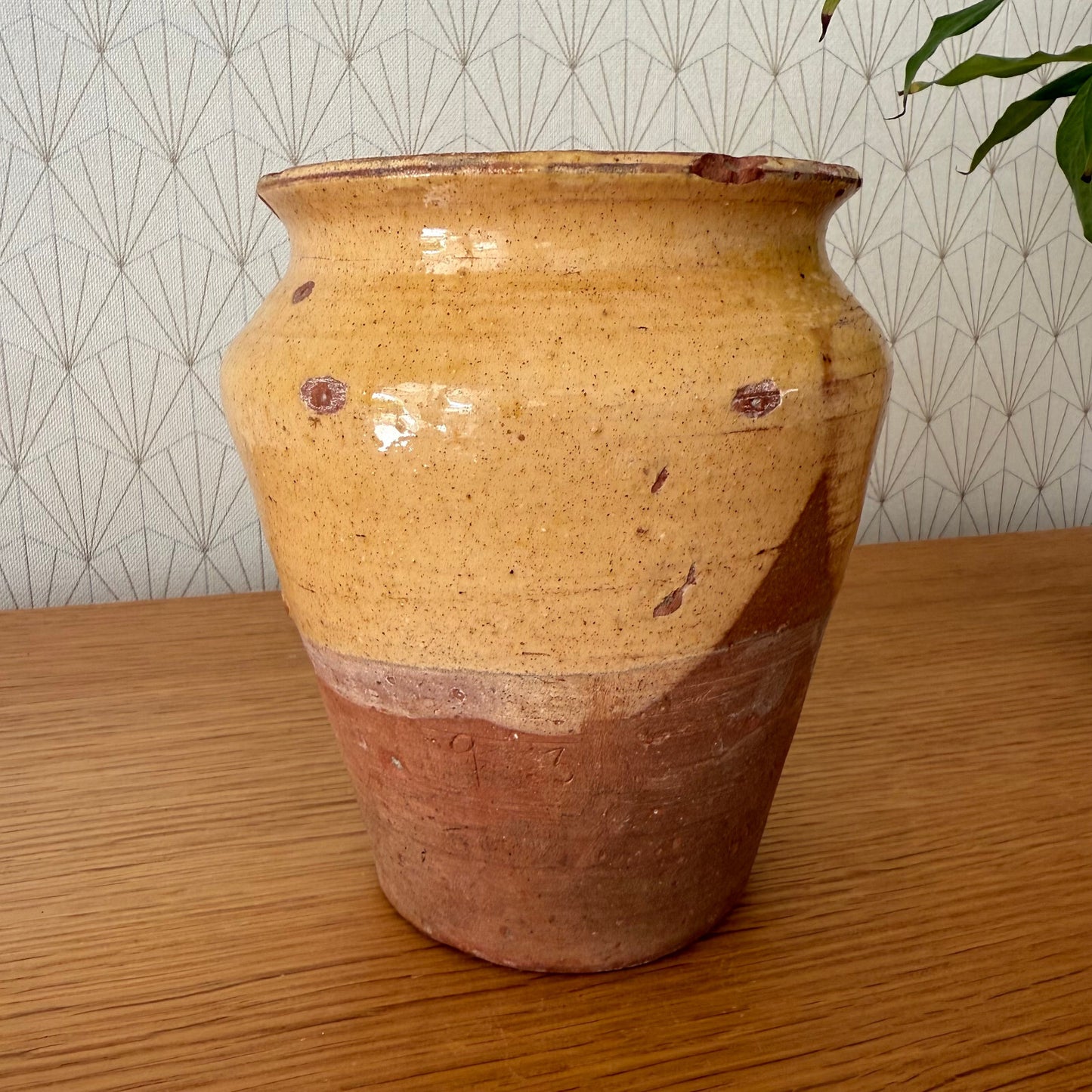 HANDMADE GLAZED GREEN ANTIQUE FRENCH MUSTARD POT 6 1/2" TERRACOTTA  1308256*