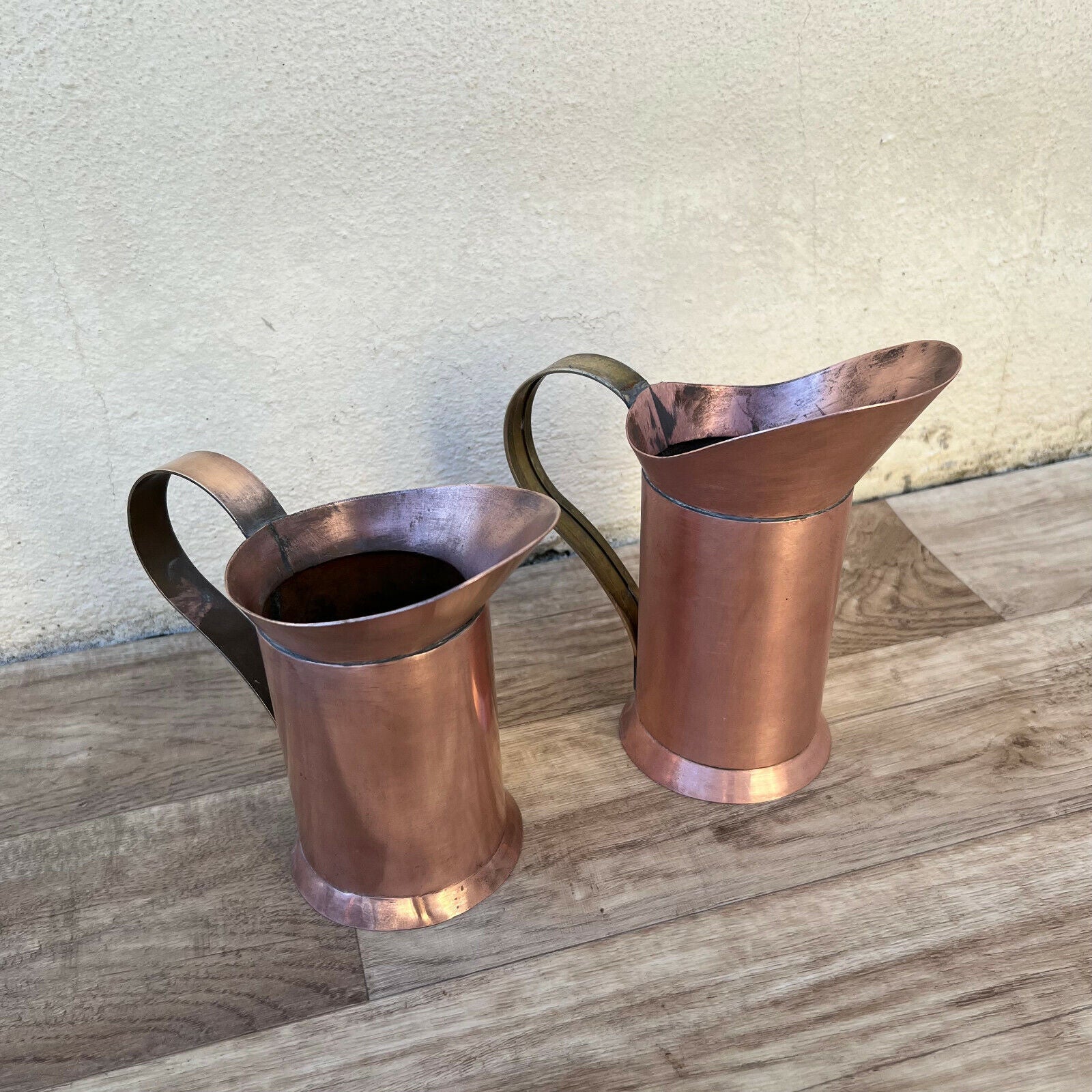 set of 2 Vintage French tiny Jug Pitcher Staved Copper 1203223 - Fleamarketfrance