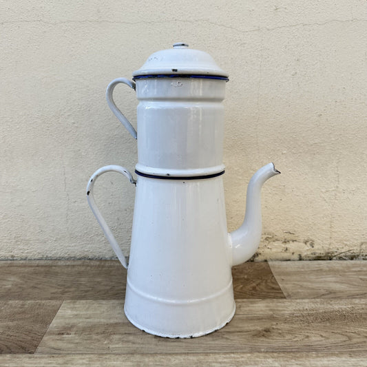 RARE Vintage French Enamelware white Enamel Coffee Pot big 1302233 - Fleamarketfrance