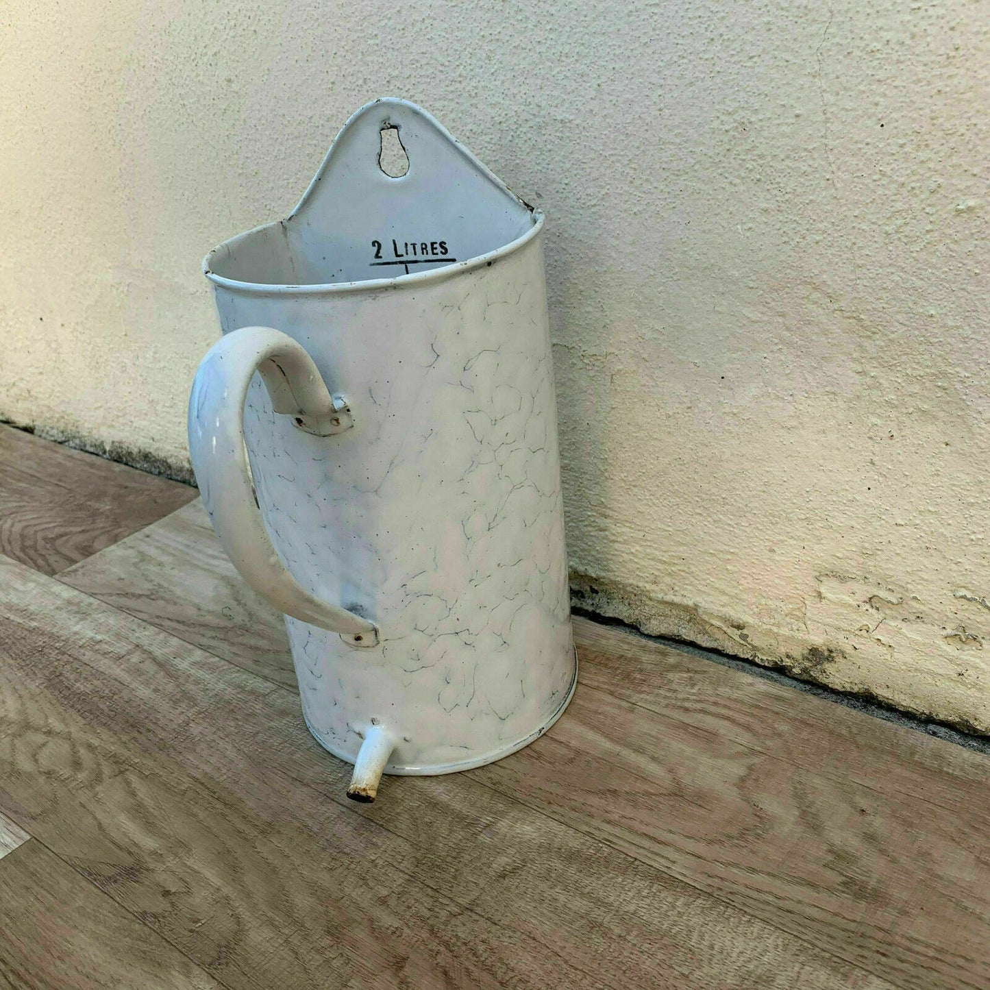 Vintage French Enamelware Irrigator Medical Douche White Blue 2L 10161918 Fleamarketfrance