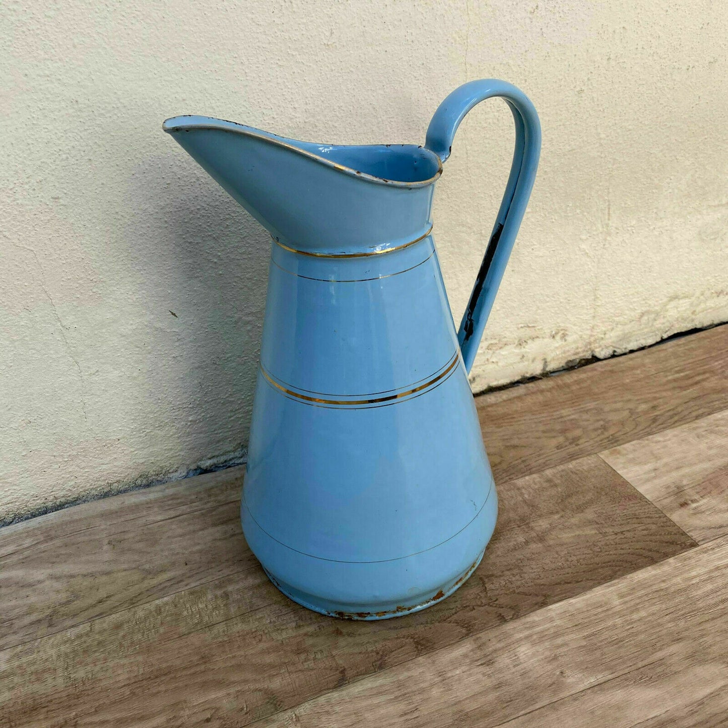 Vintage French Enamel Pitcher Blue Gold Farmhouse Water Jug 0707204 Fleamarketfrance