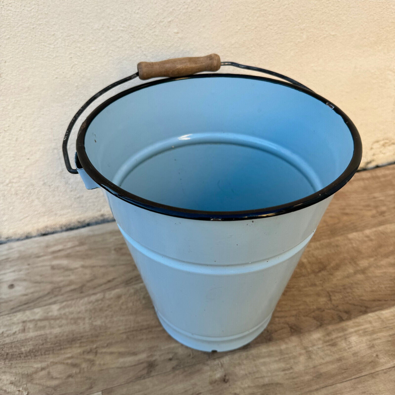 Vintage French Enamel water enameled bucket blue bathroom 07082410 - Fleamarketfrance