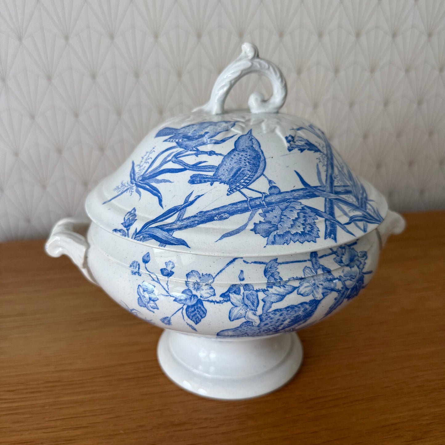 French Vintage Tureen  St Amand Earthenware Flowers Fruits Blue Bowl 1804251