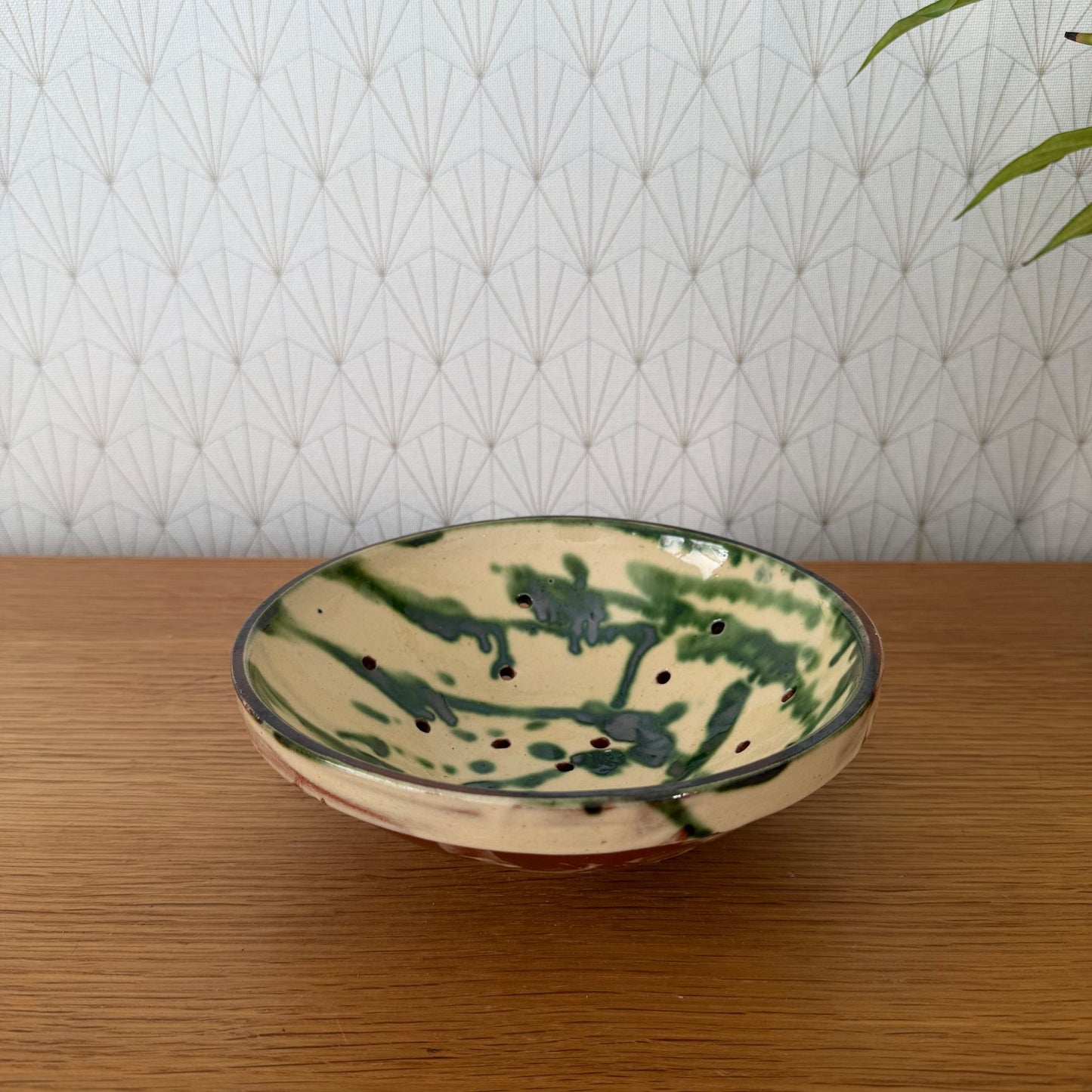 Vintage French country kitchen colander bowl with botanical decoration, overhead perspective