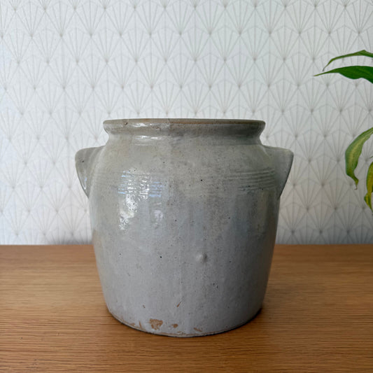 Handmade Glazed Grey Vintage French Confit Grease Pot Stoneware  2205251