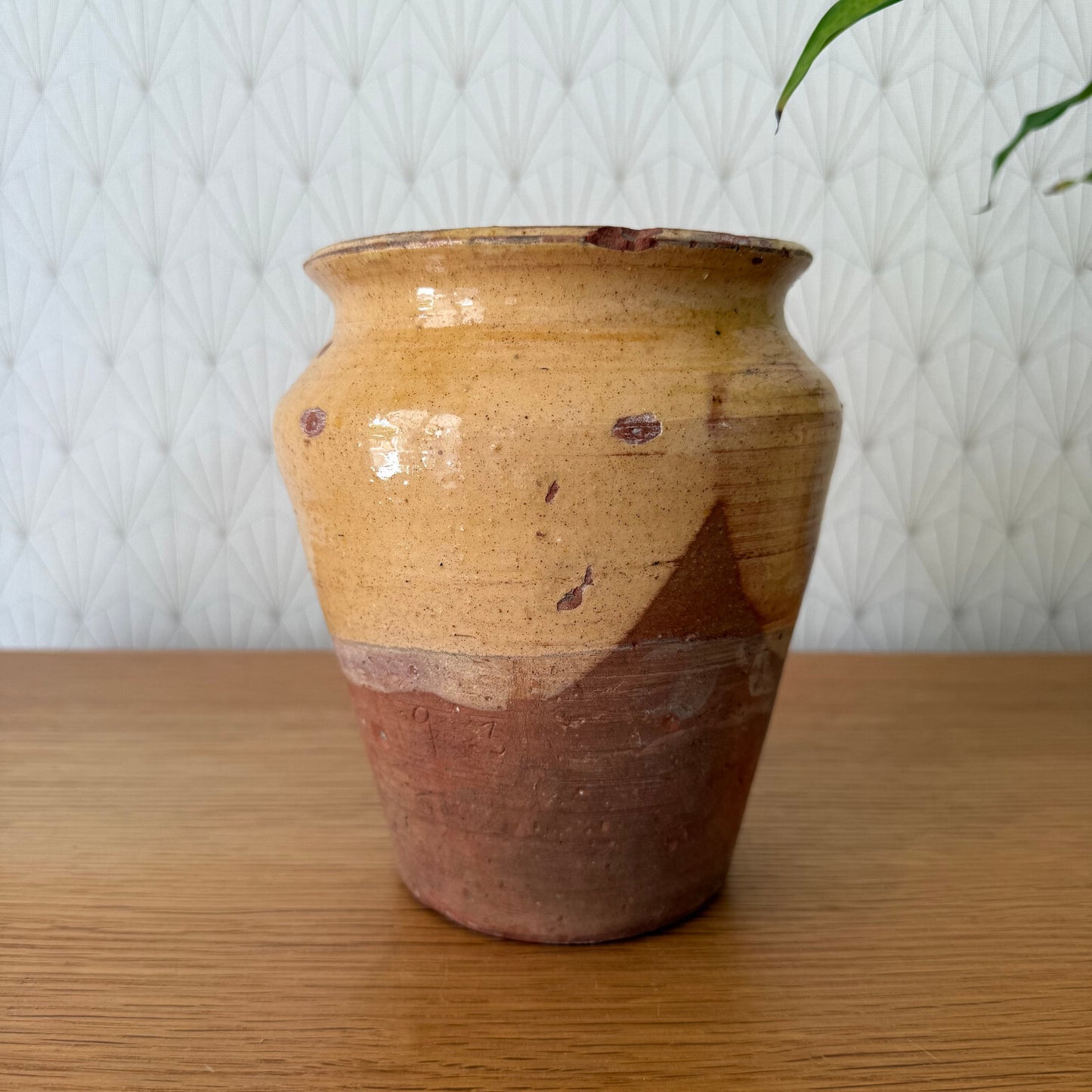 HANDMADE GLAZED GREEN ANTIQUE FRENCH MUSTARD POT 6 1/2" TERRACOTTA  1308256*