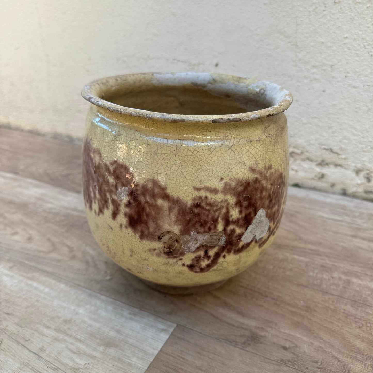 French Confit Pot Yellow Crackle Glaze Stoneware Ceramic Jar 23092411 Unmarked