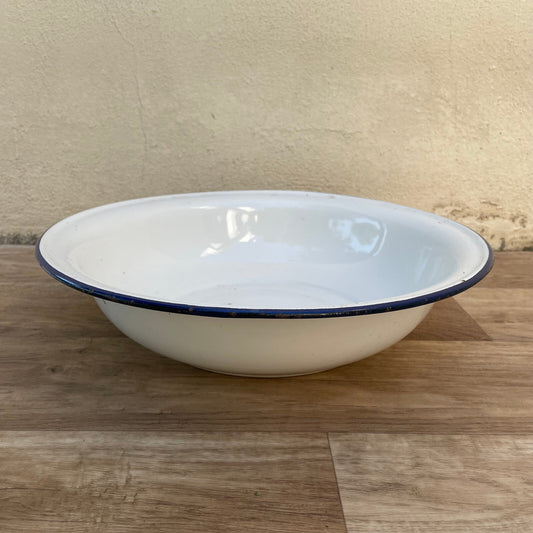 Vintage French Round Enamelware Wash Basin White with Blue Trim 23032510 Unbranded