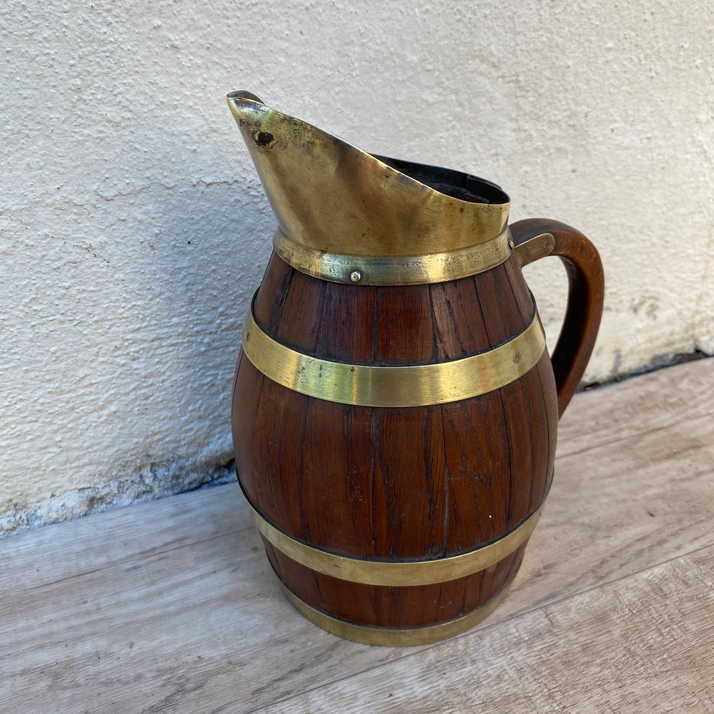 Antique French Wooden Wine Pitcher Staved Wood Brass Bands Cider Jug 07072610 Fleamarketfrance