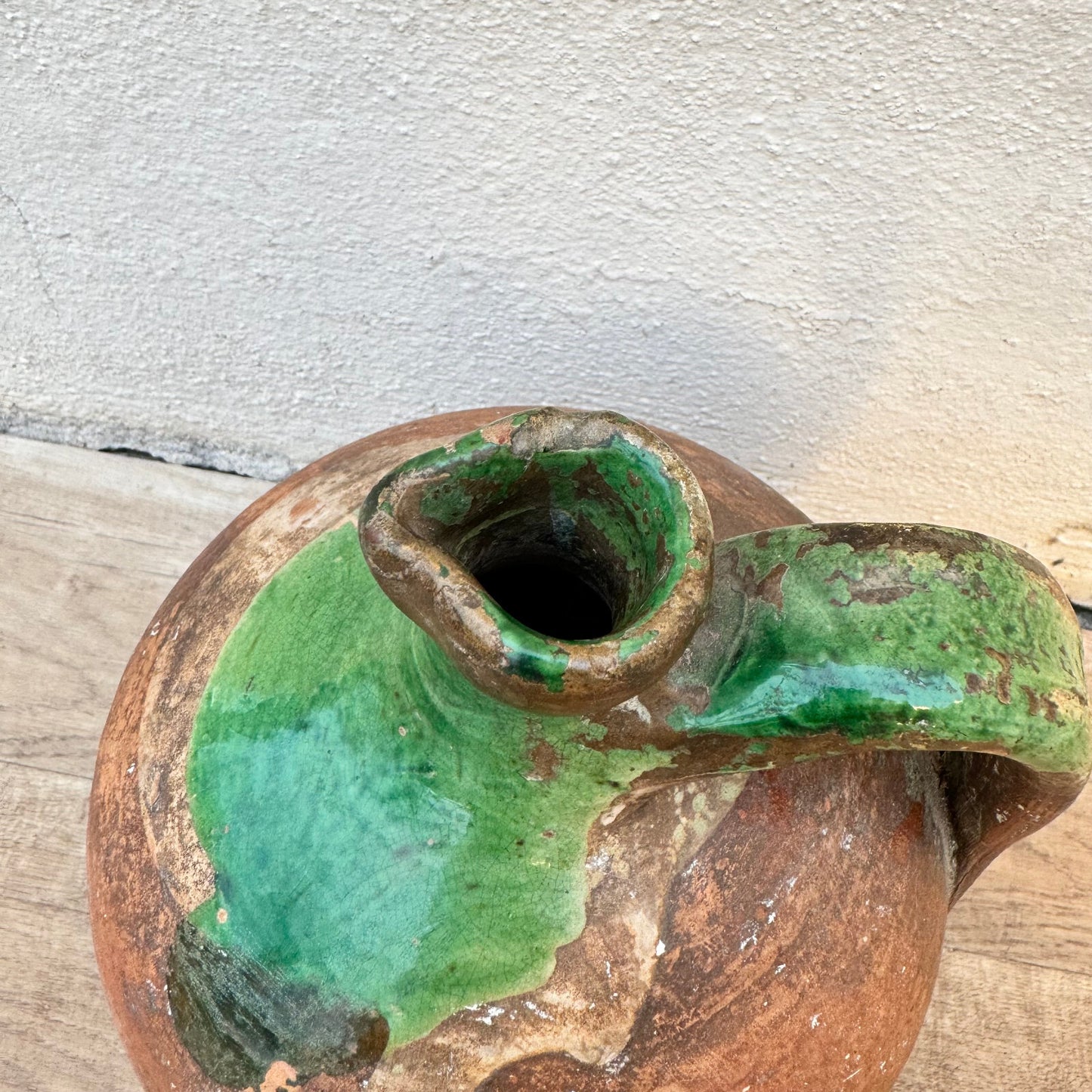 French Pottery Jug Vintage Terracotta Pitcher Green Glaze Country 2604241 Unmarked