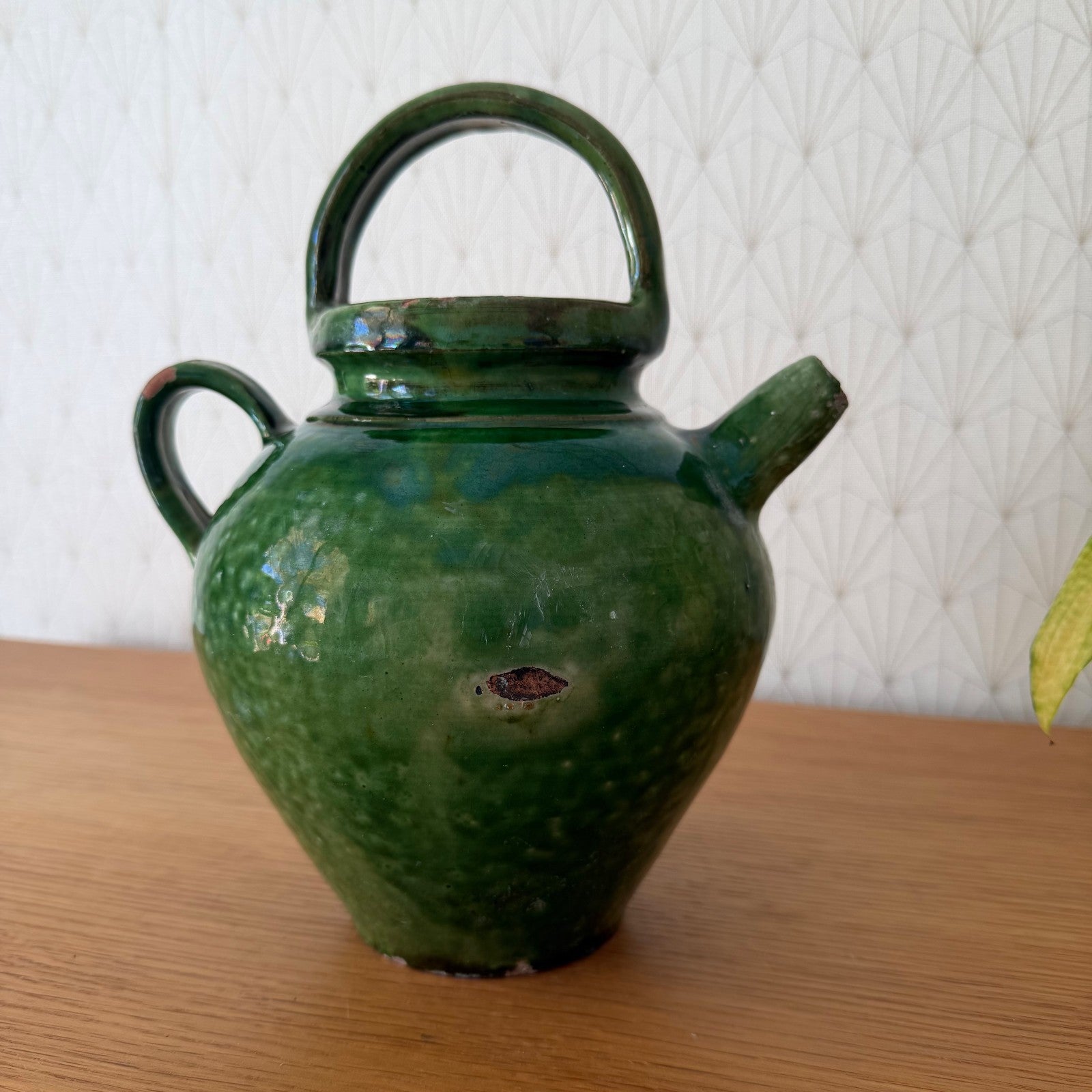 Vintage French Green Glazed Water Jug Gargoulette Pottery 9.4" 28052611 Fleamarketfrance