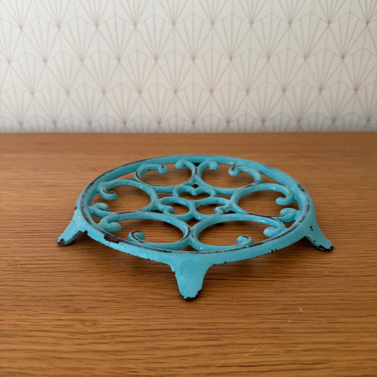 Antique vintage french Cast iron kitchen Trivet  france blue turquoise 1302269