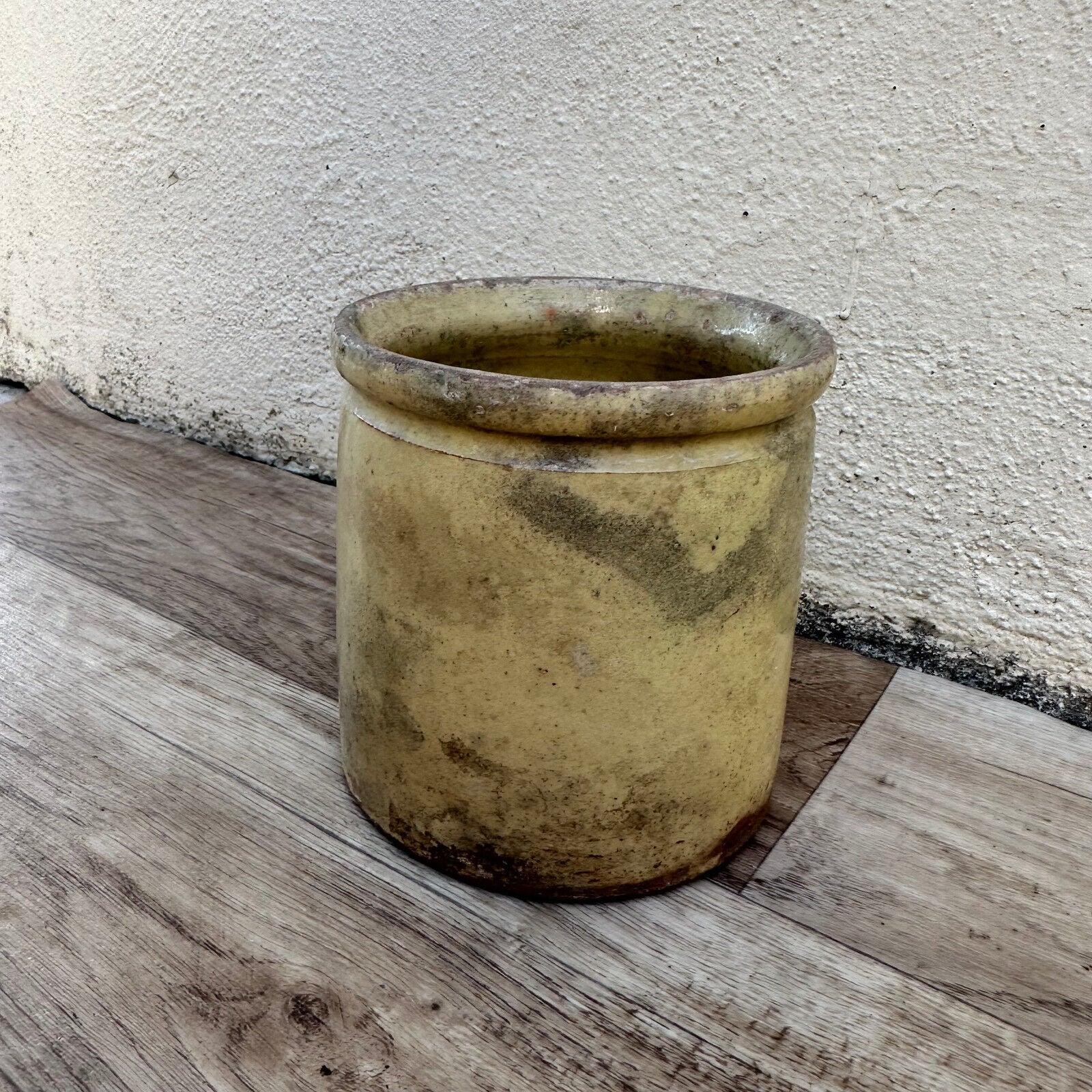 HANDMADE GLAZED BEIGE YELLOW ANTIQUE FRENCH JAM POT CONFIT 0503253 - Fleamarketfrance