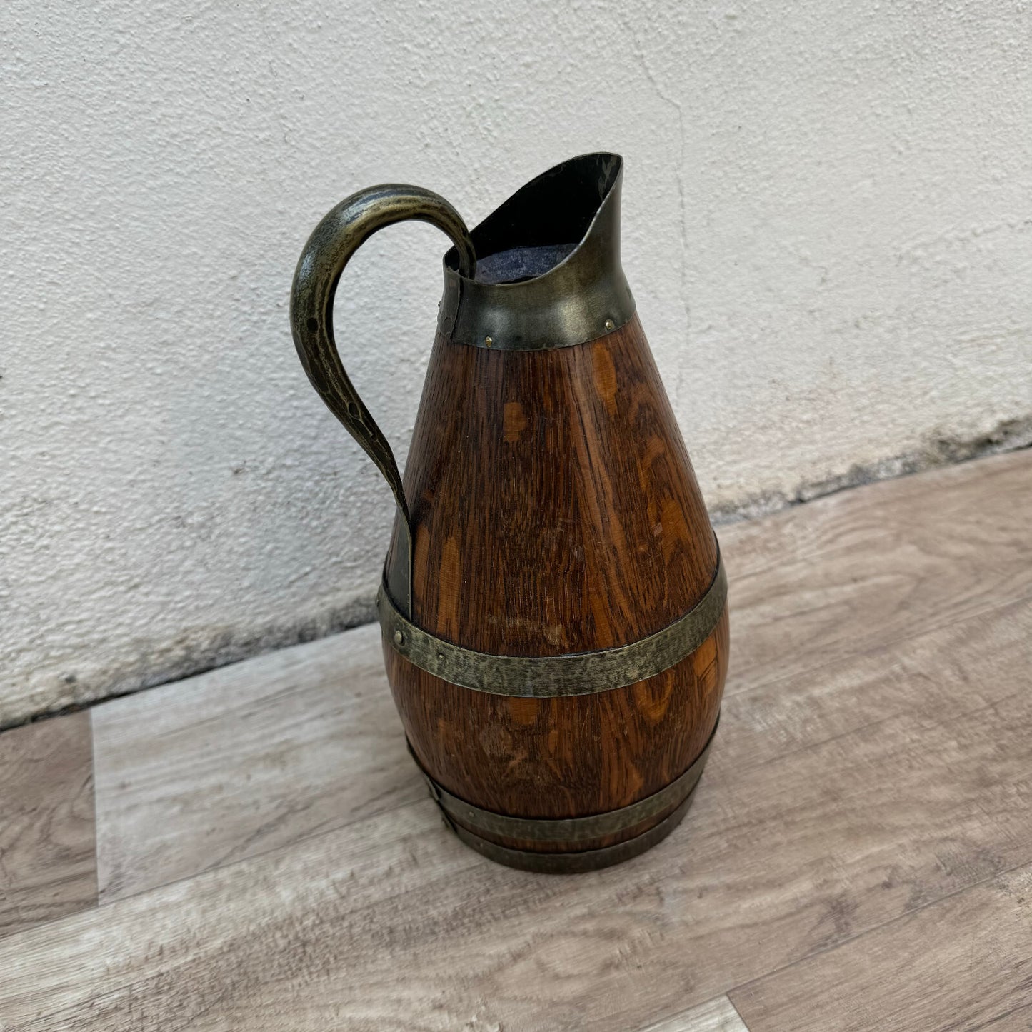 French Wooden Wine Pitcher Vintage Oak Cider Jug Metal Bands 9.75" 22072416 Fleamarketfrance