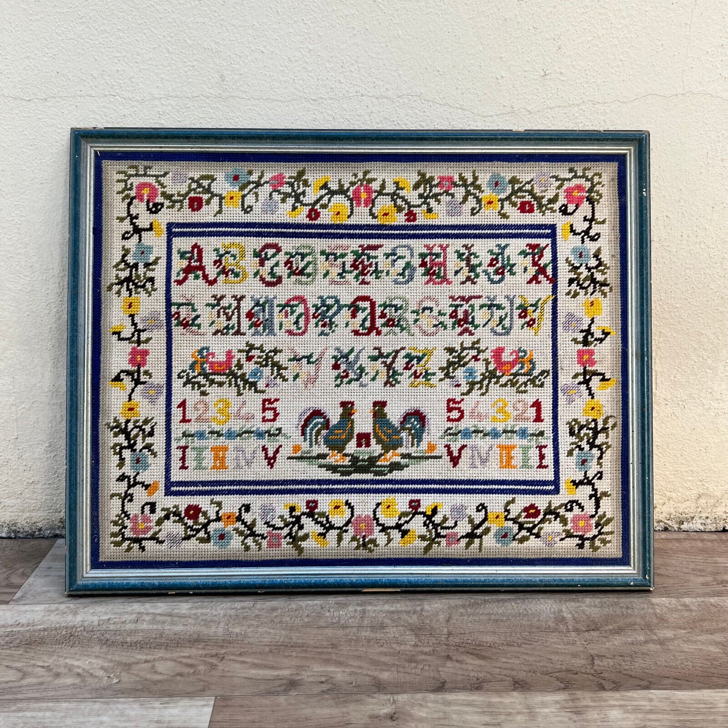 Vintage FRENCH finished cross stitch canvas ABC’s in Wood Tray alphabet 2607221 - Fleamarketfrance