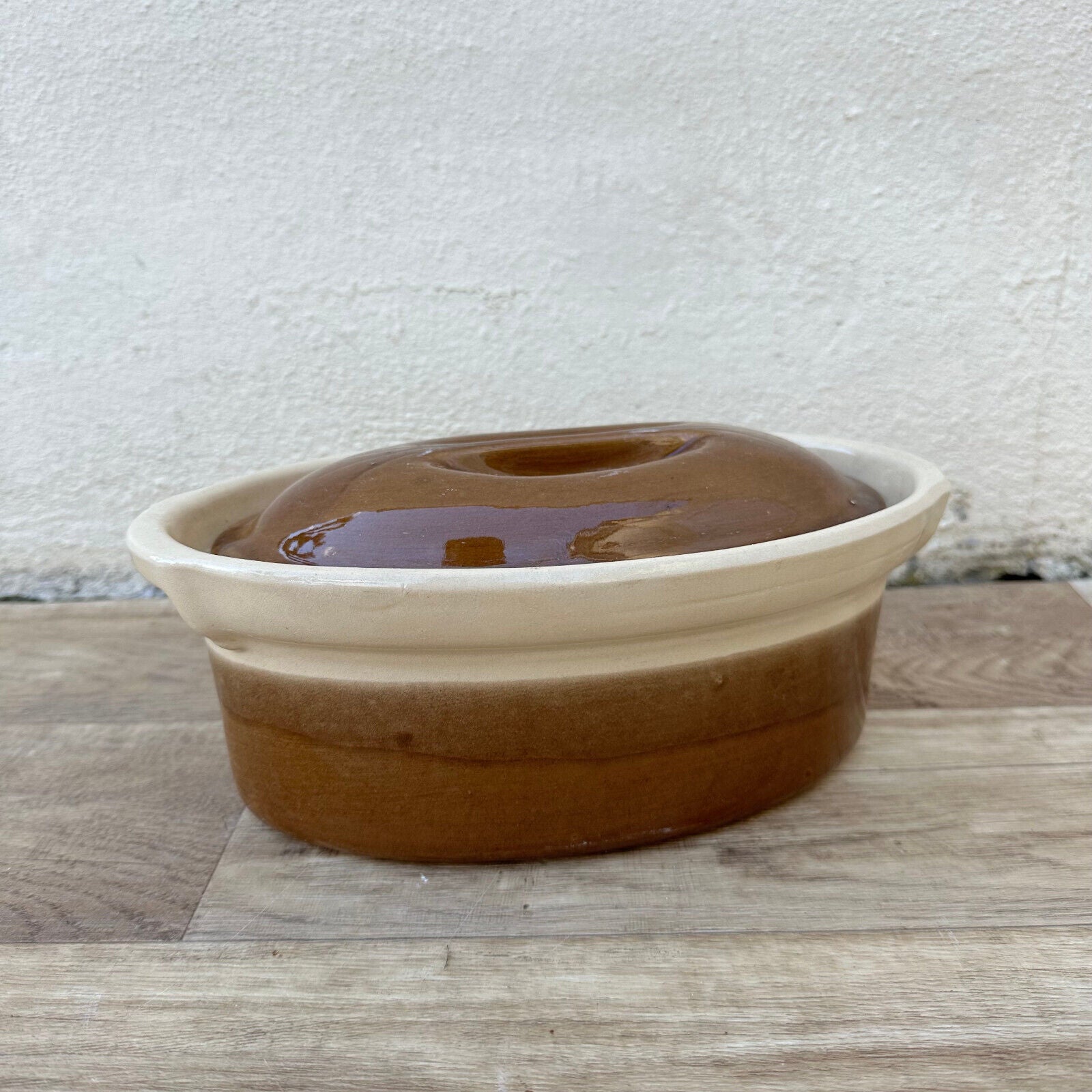 Vintage FRENCH brown beige GLAZED LIDDED STONEWARE TERRINE 12092427 - Fleamarketfrance