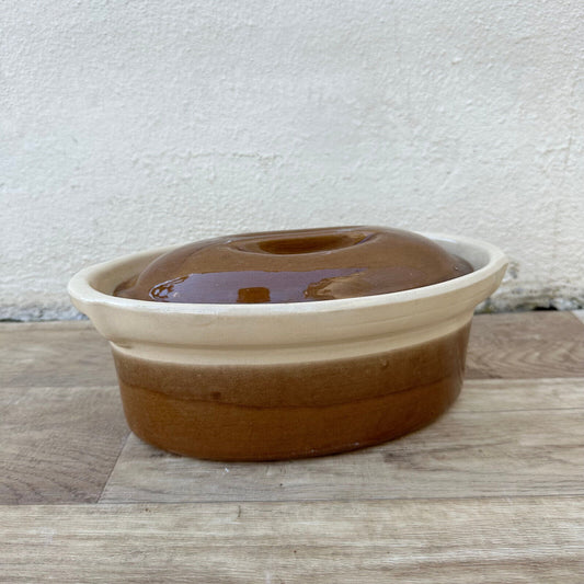 Vintage FRENCH brown beige GLAZED LIDDED STONEWARE TERRINE 12092427 - Fleamarketfrance