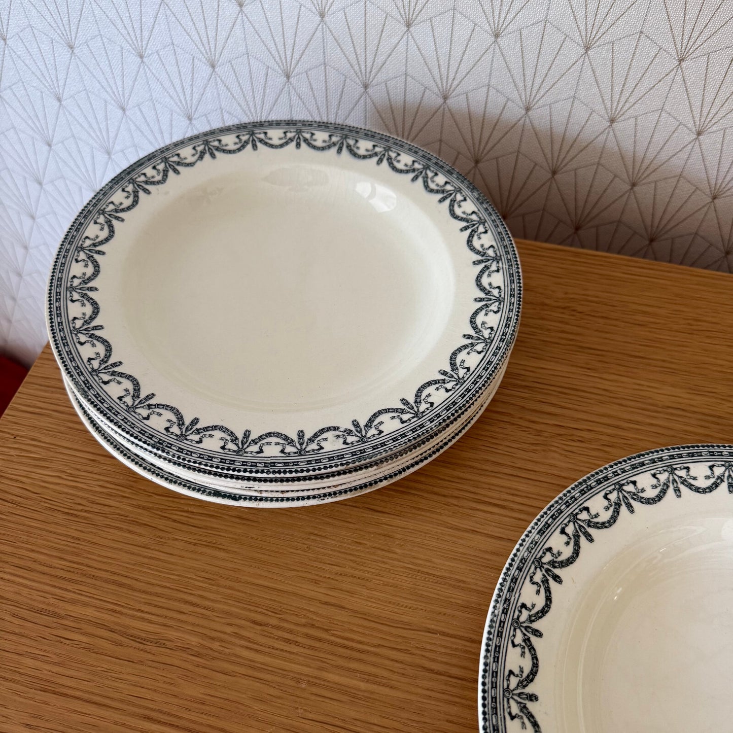 French Antique Ironstone Soup Plates Louis XVI Garlands Salins 19th 0505255 salins