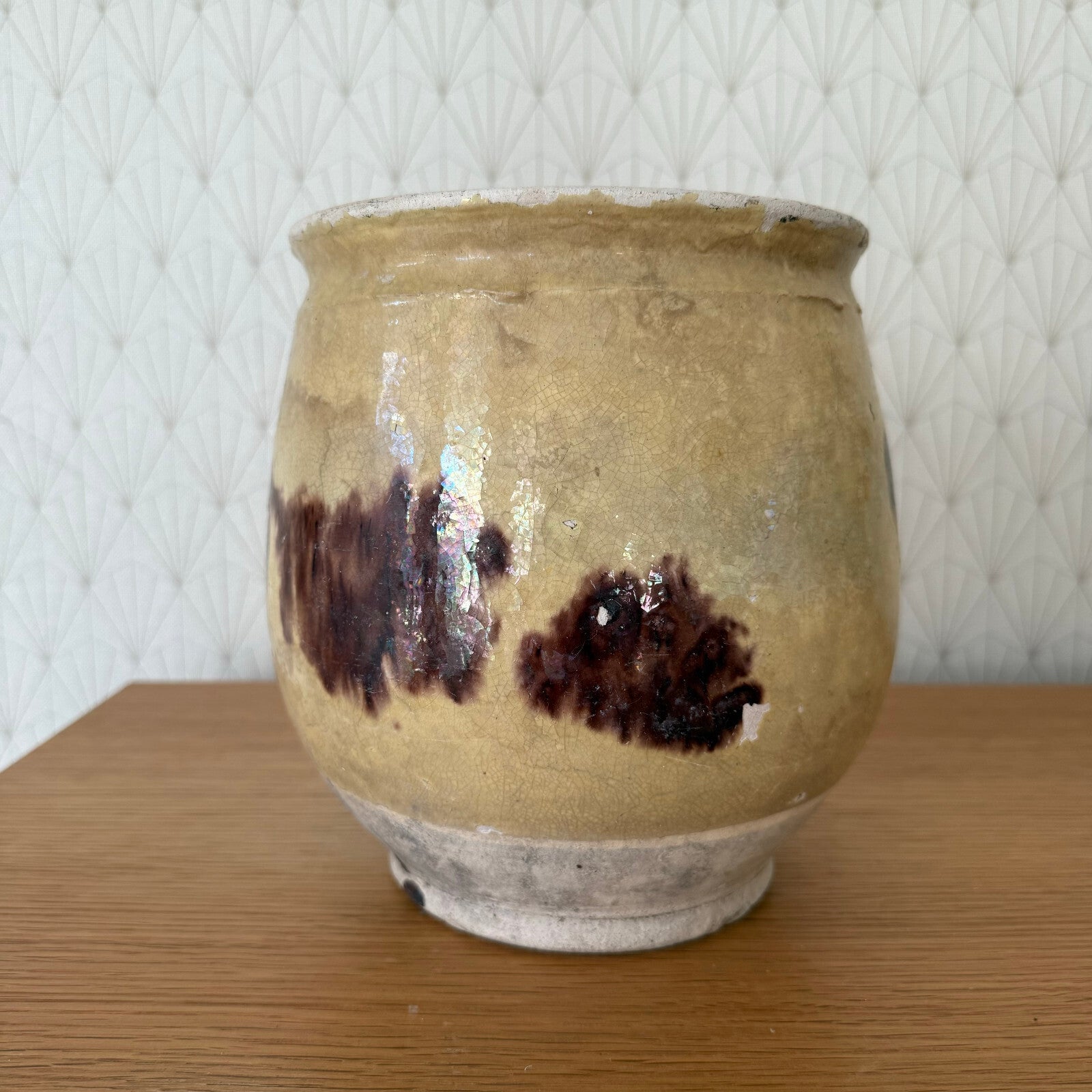 French Confit Pot Antique Yellow Terracotta Round Handmade 7¾" 0911247 Unmarked