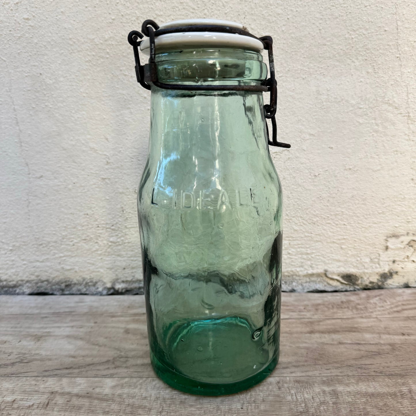 L'Ideal French Canning Jar Vintage Green Glass Porcelain Lid 9" 18102310 Fleamarketfrance