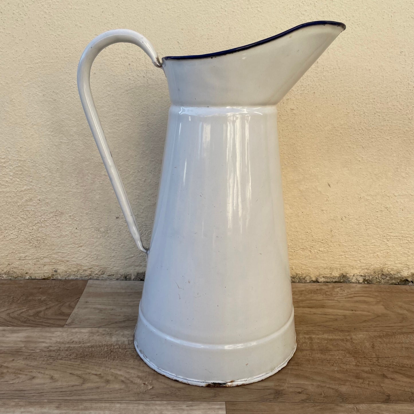 Vintage French Enamel Pitcher White Blue Rim Water Jug 36cm 14" 2210243 Fleamarketfrance