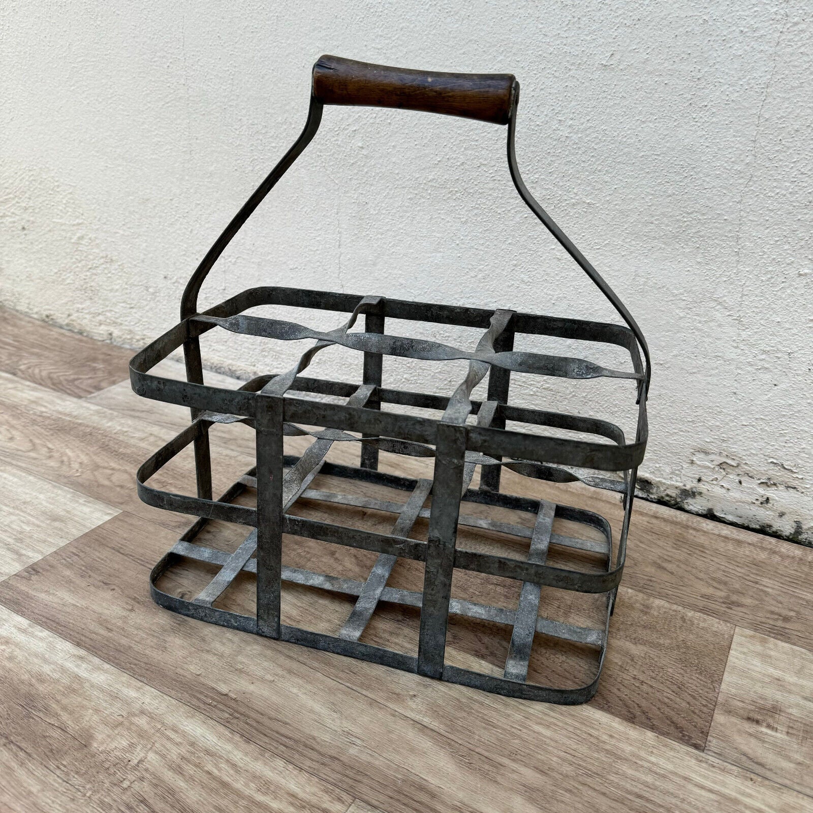 ANTIQUE VINTAGE FRENCH Zinc Metalware 6 Bottle Wine Carrier Basket 26042411 - Fleamarketfrance