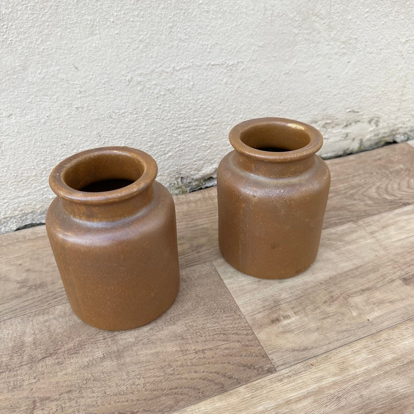 2 HANDMADE FRENCH GLAZED BROWN ANTIQUE STONEWARE MUSTARD POTS 1209246 - Fleamarketfrance