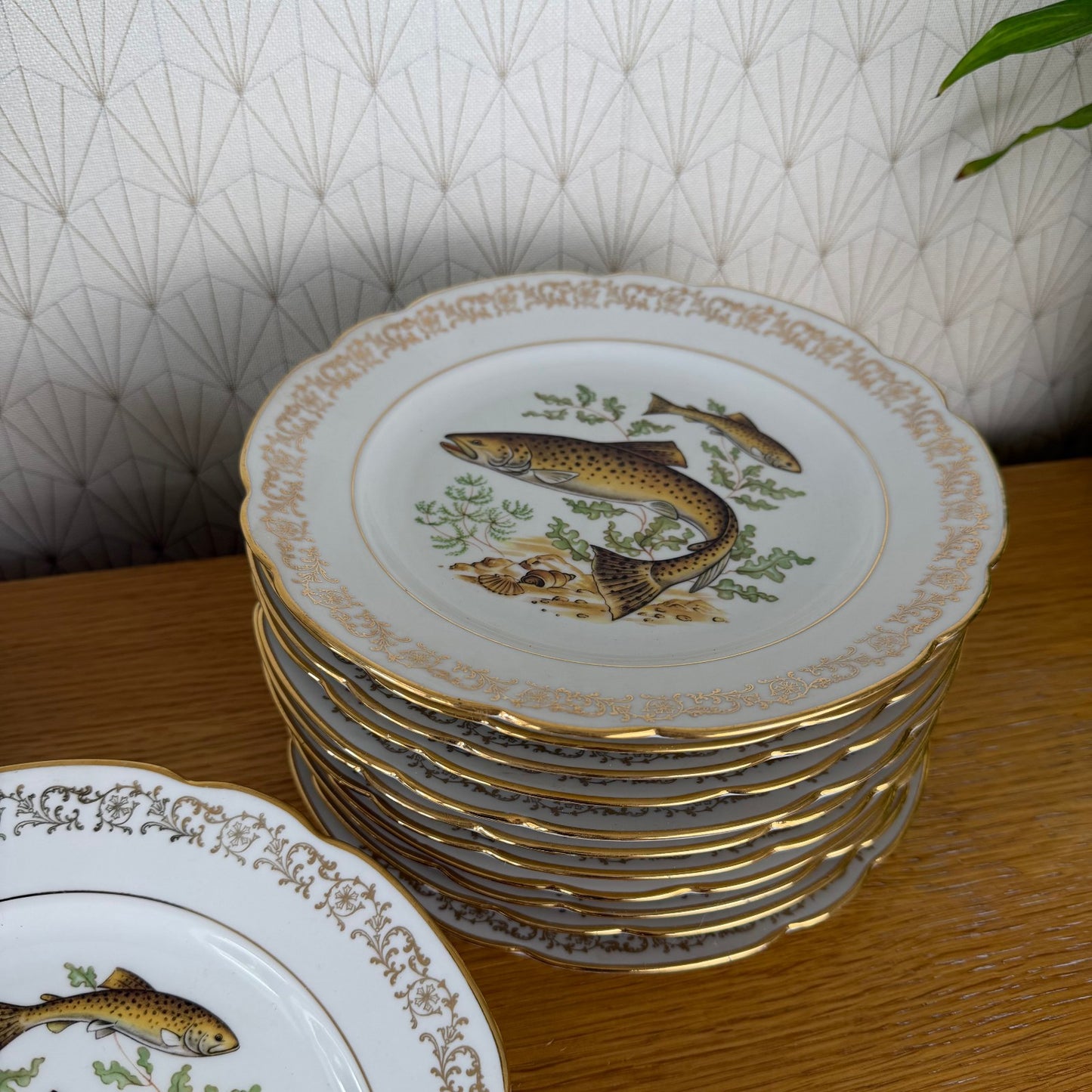 Vintage Bavarian Vintage set of 12 Fish Porcelain Dinner Plates tray 2710255