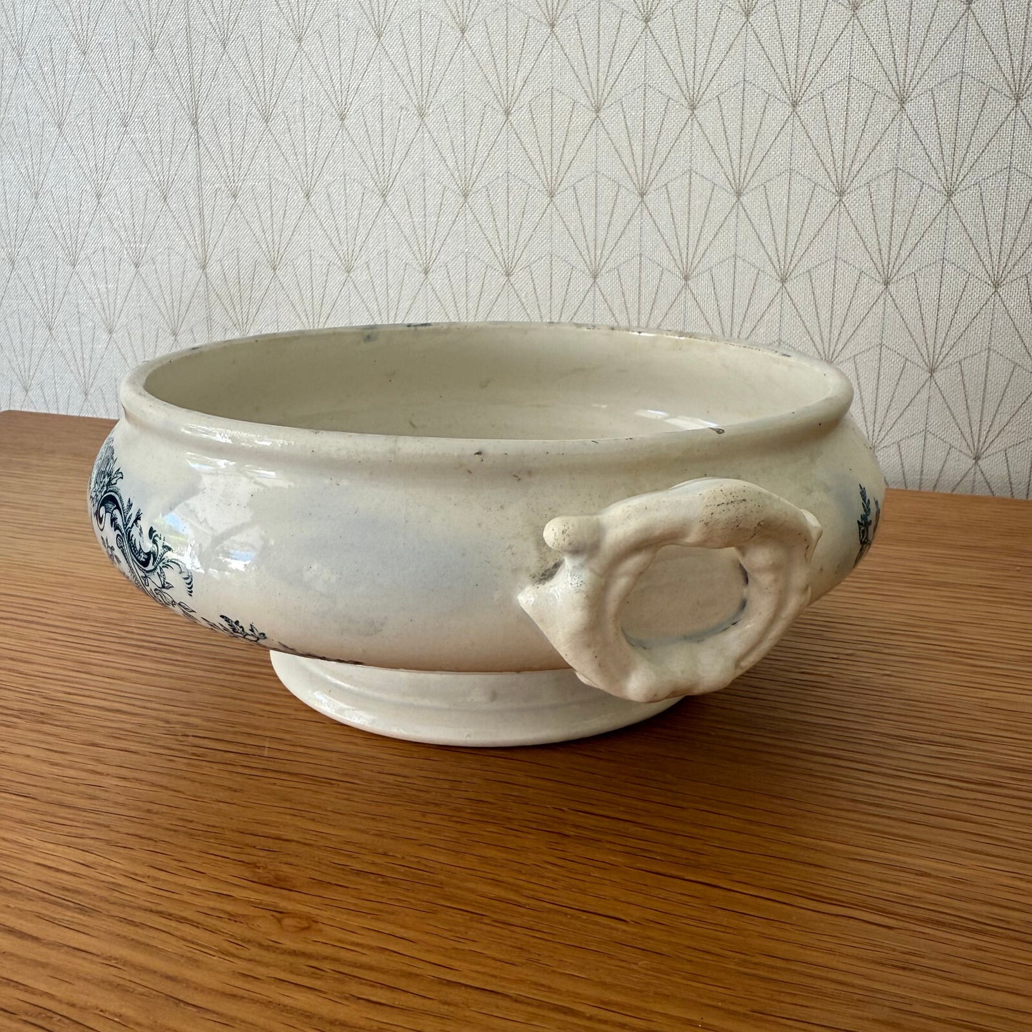 French Tureen Earthenware White Blue Fruits Bowl Terre De Fer Brigny 0405254