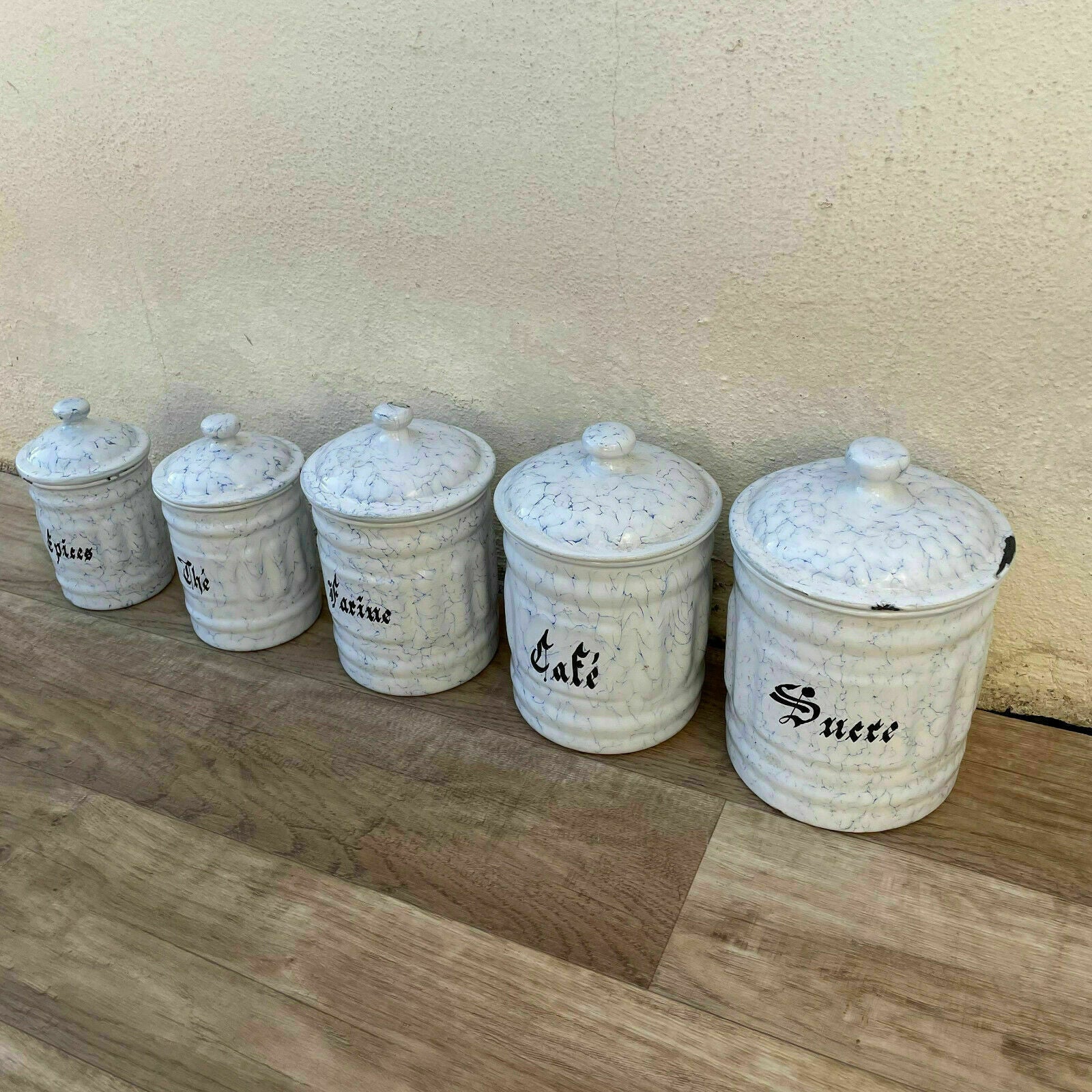 Vintage French Enamelware Canisters Set of 5 Kitchen Storage 0311218 Fleamarketfrance