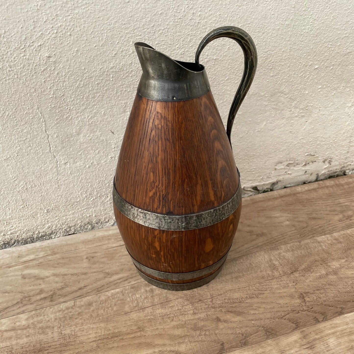 Vintage French Wooden Wine Cider Jug Pitcher Staved Wood Metal 11 1/2" 1303251