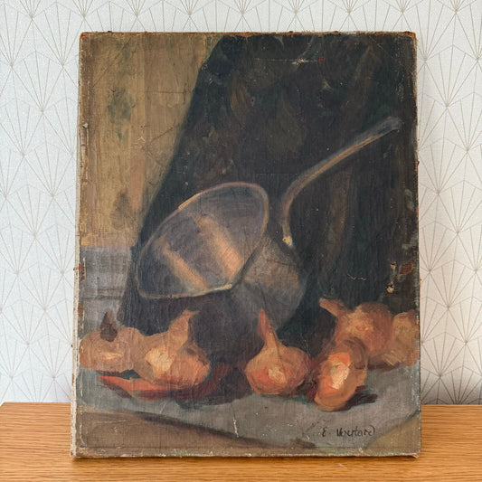 OLD Original Oil Painting still life Oignons vintage French signed 09112410 - Fleamarketfrance